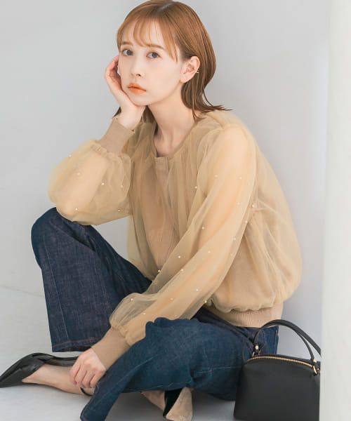 『別注』hareko×TORRAZZO DONNA×ROSSO　袖パールチュールカーディガン