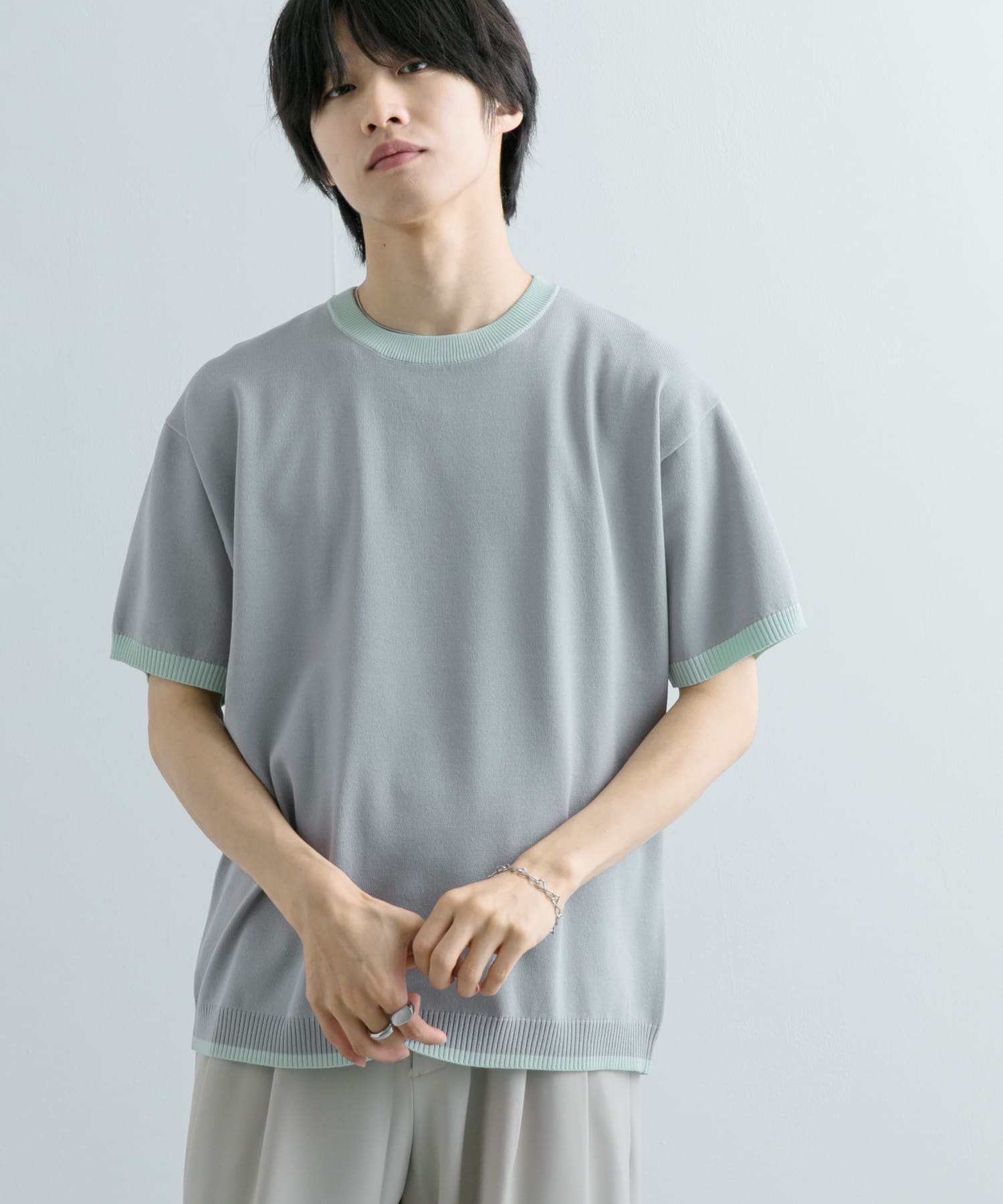 【メーカー直送】 洗濯可』リブハイショクラインニットTシャツ(5分袖)[AA45-12S103 トップス