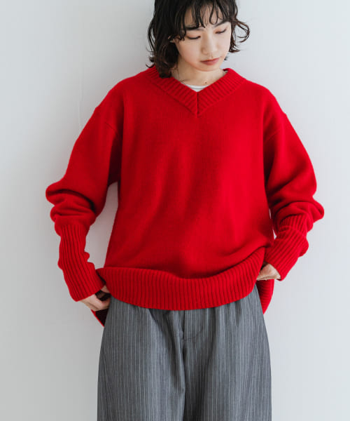 カシミヤ混強縮Vネックニットプルオーバー