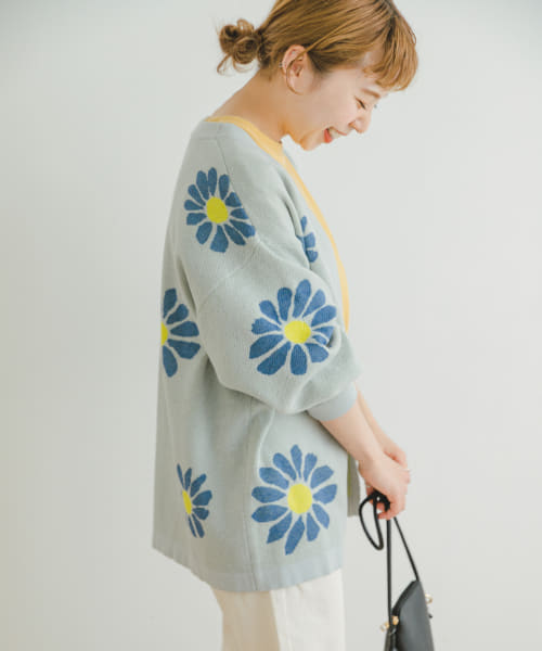 マシンウォッシャブル 花柄ニットカーディガン