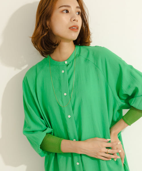 Audrey and John Wad　シアーリブ付バンドカラーロングシャツ