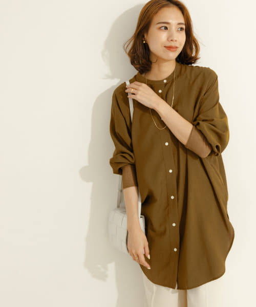 Audrey and John Wad　シアーリブ付バンドカラーロングシャツ