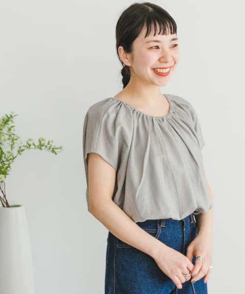 [ITEMS][『セットアップ対応』『洗濯可』リネンレーヨンギャザーブラウス]