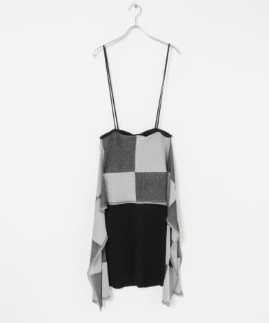 TAN　BLOCK CHECKED SCALF DRESS