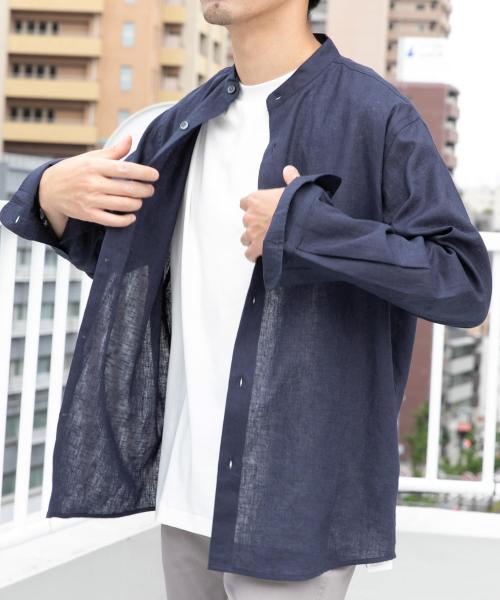 『WEB限定』『XLサイズあり』リラックスコットンリネンバンドカラー長袖シャツ