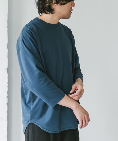ポンチ8分袖ラウンドヘムTシャツ