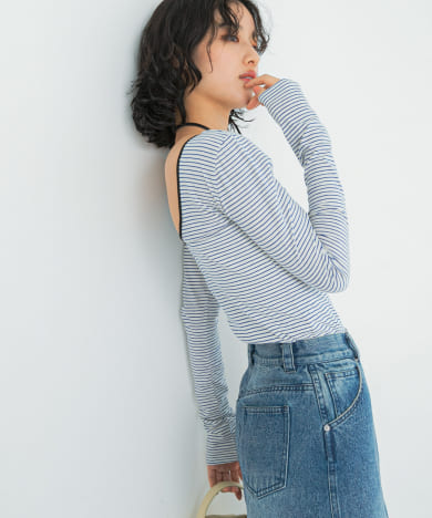 GREEN BUTTER　Two-way Stripe Patch T-shirts