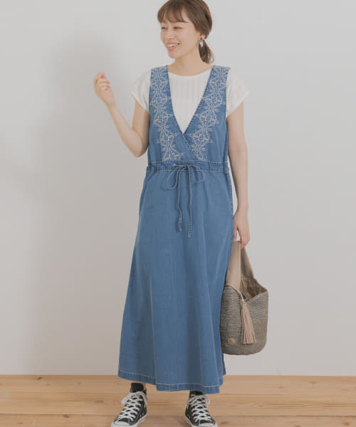 クロス刺繍デニムジャンパースカート