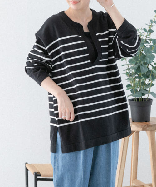 FORK&SPOON　スリットネックボーダーニット