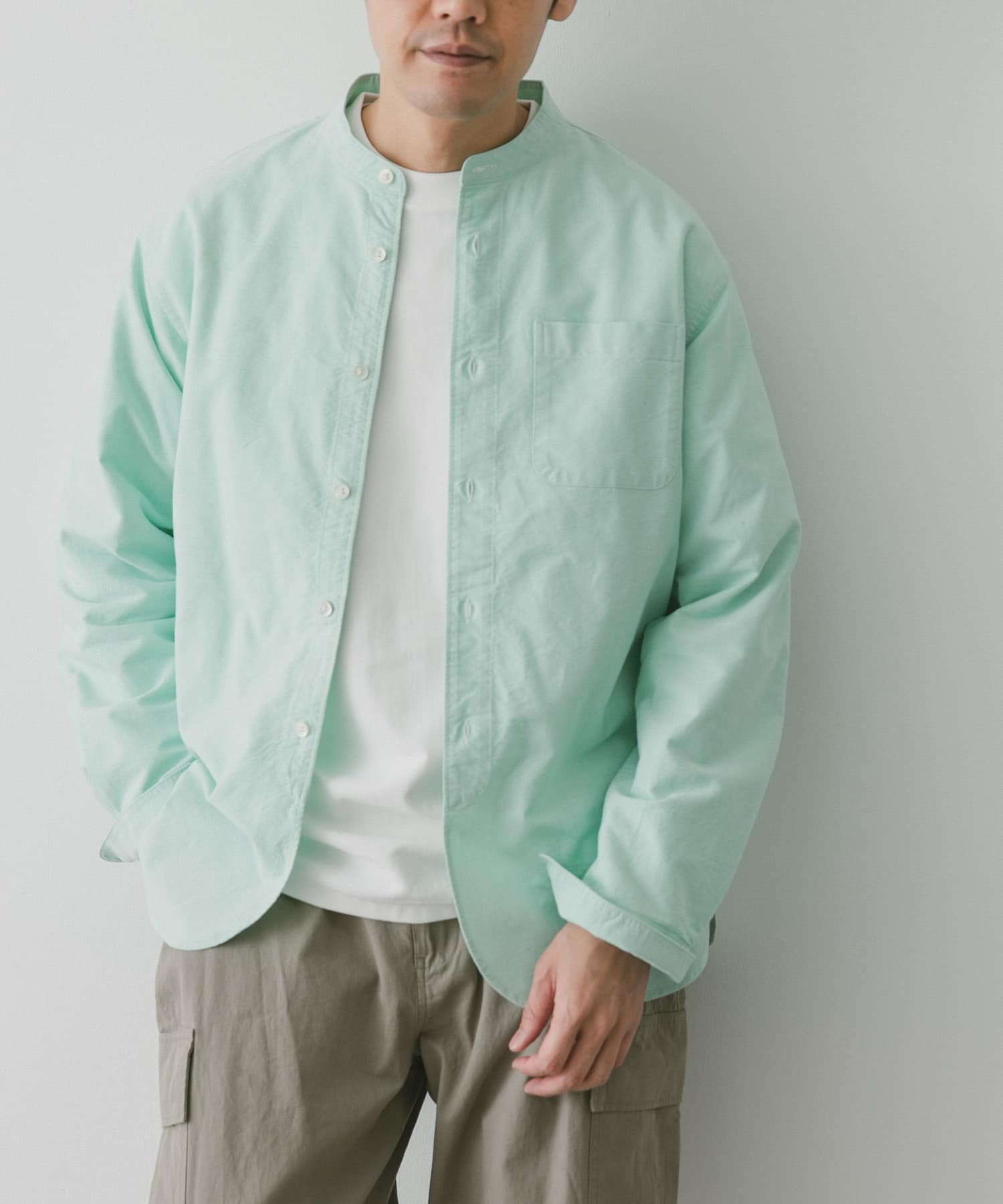 ◇ URBAN RESEARCH DOORS リネン混 ライトオックス バンドカラー 八分袖 シャツ サイズ38