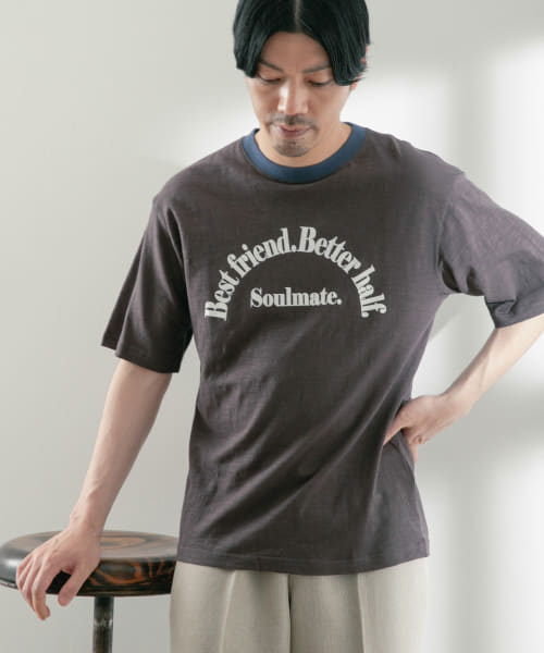 リブ配色 ロゴプリント スラブTシャツ