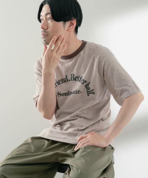 リブ配色 ロゴプリント スラブTシャツ
