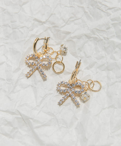 ビジューリボンフープピアス