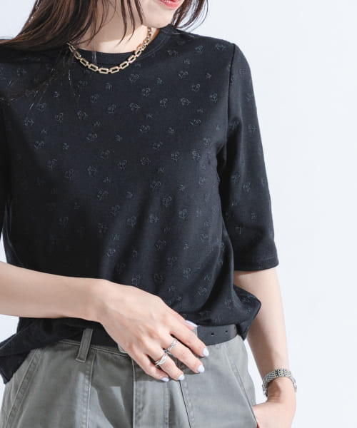 F by ROSSO　フラワー刺繍5分袖Tシャツ