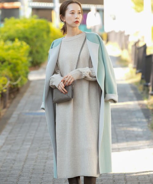 片畦袖ケーブルニットワンピース