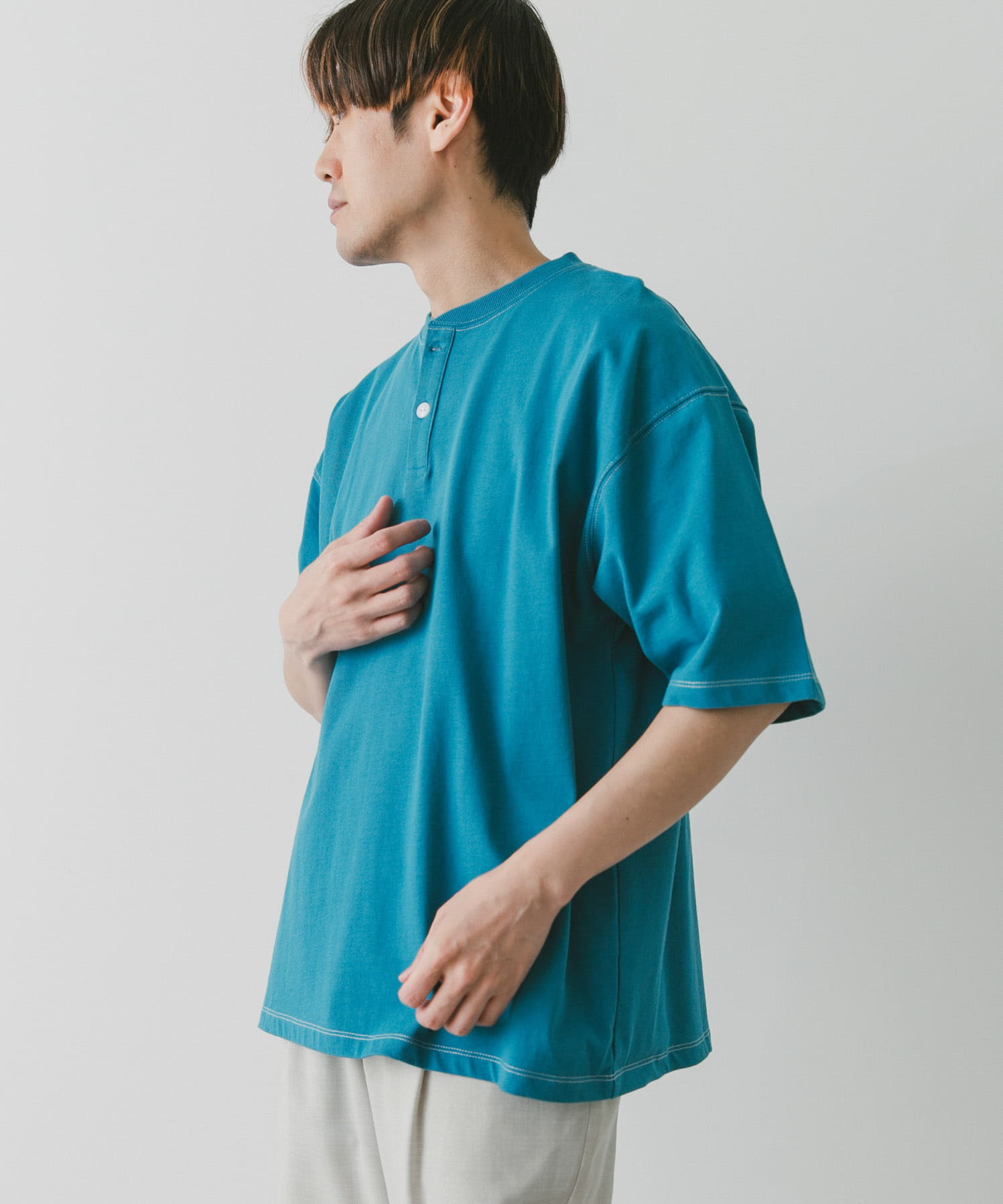 配色stヘンリーネックショートスリーブTシャツ[DR35-11X512