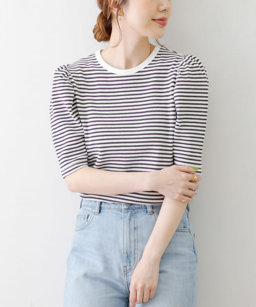 パフスリーブワッフルボーダーTシャツ