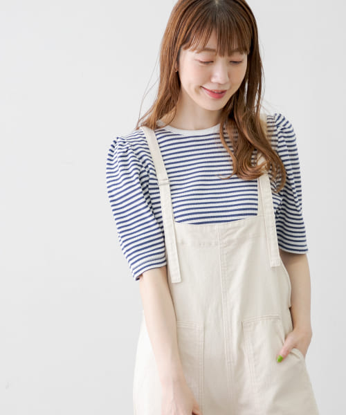 パフスリーブワッフルボーダーTシャツ