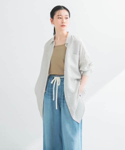 new basic　レーヨンシルクストライプオーバーシャツ