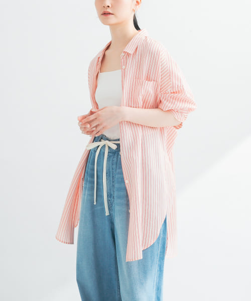 new basic　レーヨンシルクストライプオーバーシャツ