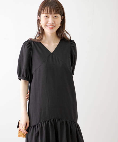 TRリネンVネックパフスリーブワンピース
