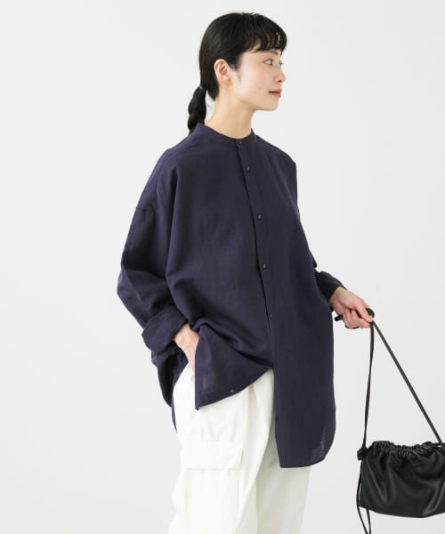 『ユニセックス』コットンリネンスタンドビッグシャツ