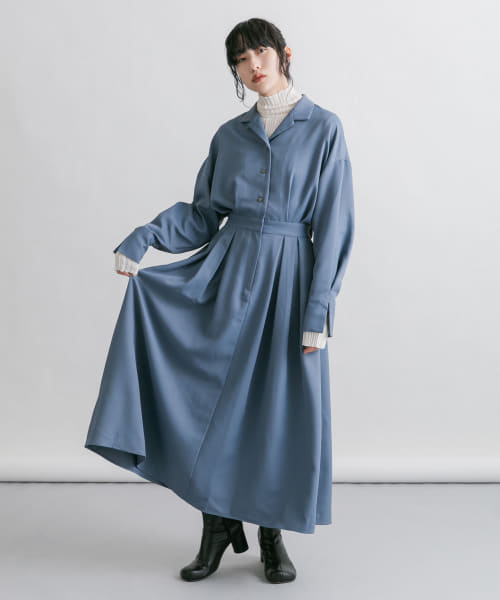 [KBF][オープンカラーボックスプリーツワンピース]
