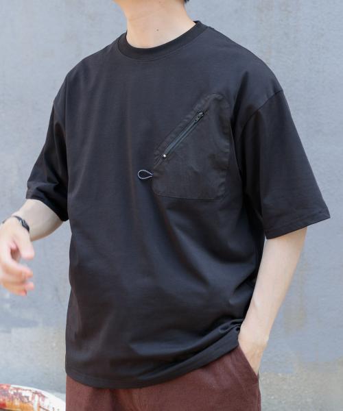 ジップポケットキリカエクルーネックTシャツ