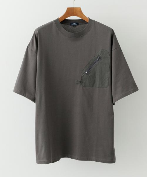 ジップポケットキリカエクルーネックTシャツ