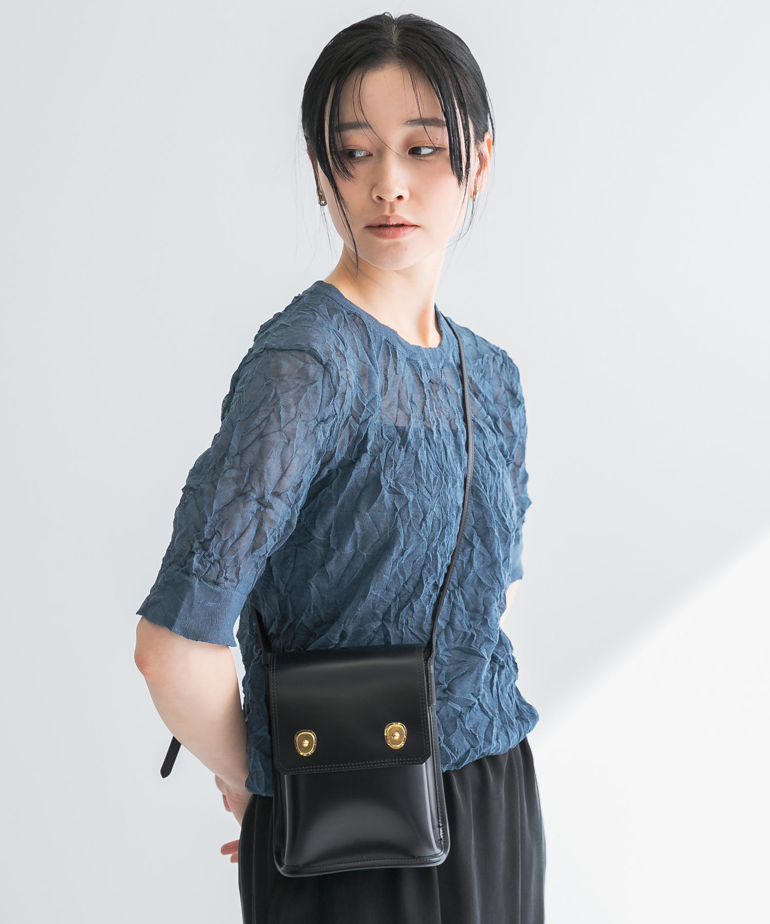 new basic リネン混ワッシャーハーフスリーブニット[URA5-22T011