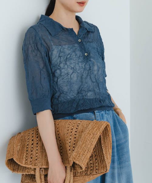 new basic　リネン混ワッシャーハーフスリーブニット