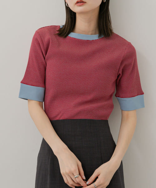 『一部WEB限定カラー』クルーネックリンガーボーダーTシャツ(5分袖)