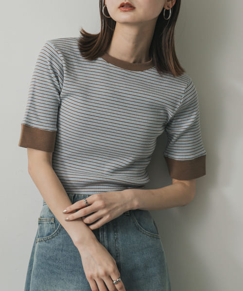 『一部WEB限定カラー』クルーネックリンガーボーダーTシャツ(5分袖)