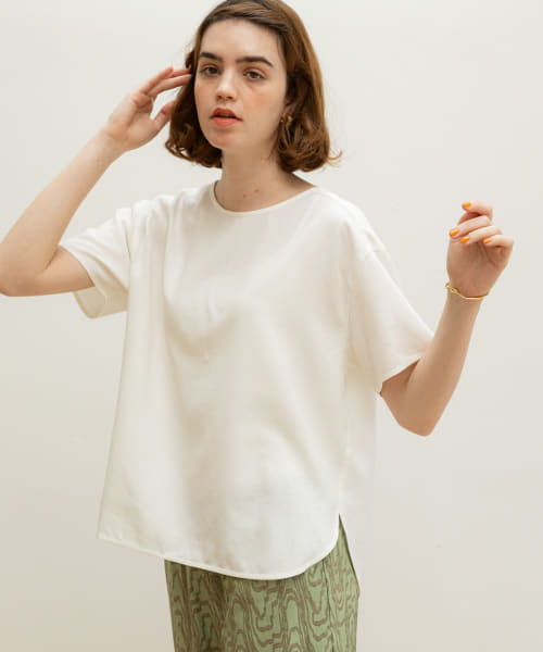 リネン混クルーネックブラウスTシャツ
