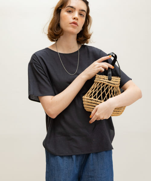 リネン混クルーネックブラウスTシャツ