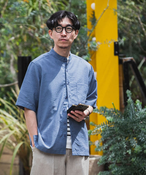 『UR TECH DRYLUXE』リネンタッチバンドカラー半袖シャツ