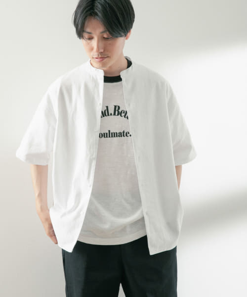 リネンレーヨン バンドカラー半袖シャツ
