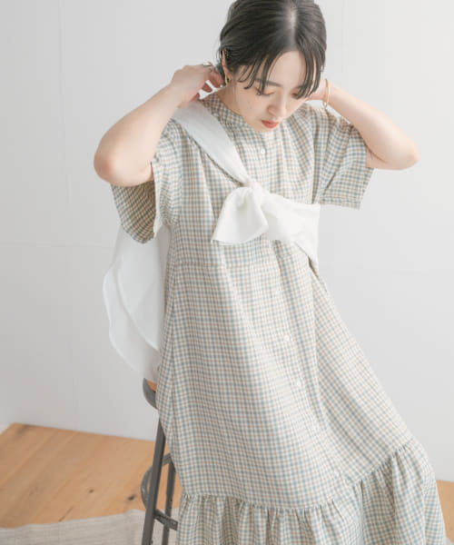 [ITEMS][バンドカラーチェックワンピース]