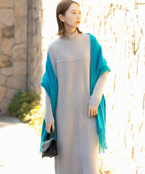 リブハイネックロングニットワンピース