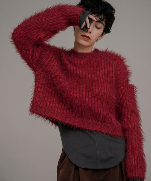 SHOULDER SLIT SHAGGY KNIT
