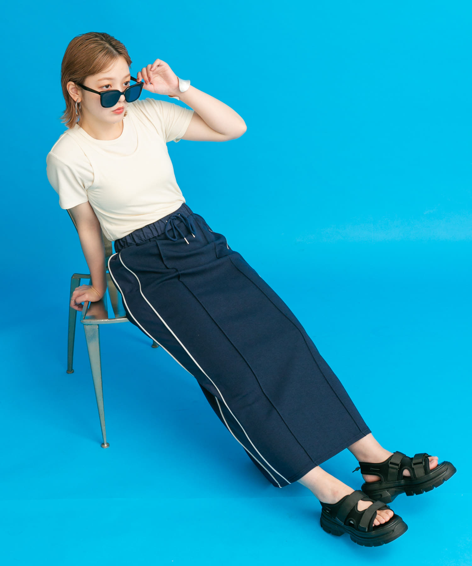 トラックスカート たっとし サイドライン シースルーシャツ ジレ ロングスカート 海外