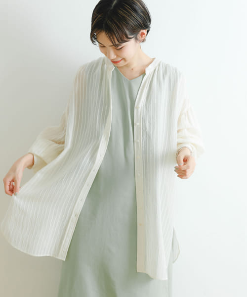 ストライプシアーギャザーチュニックブラウス