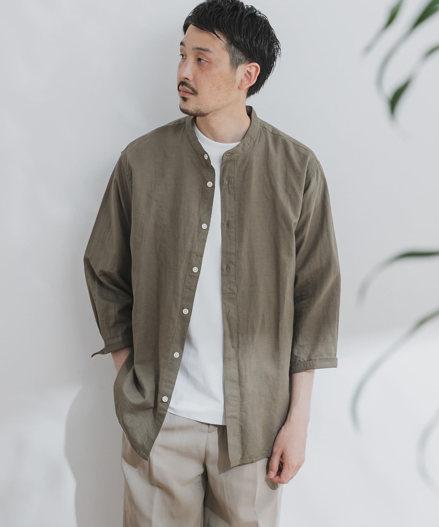 【美品】MHL. 5分袖 シャツ バンドカラー コットン リネン 麻 比翼ボタン