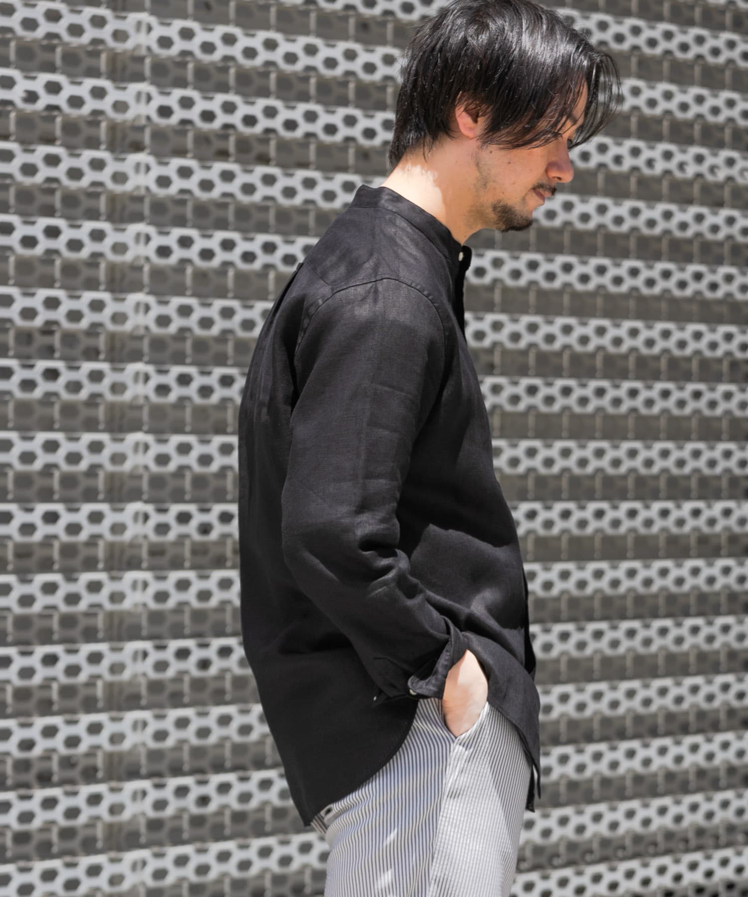 XLサイズあり』リネン長袖バンドカラーシャツ[RA35-13M101]｜URBAN