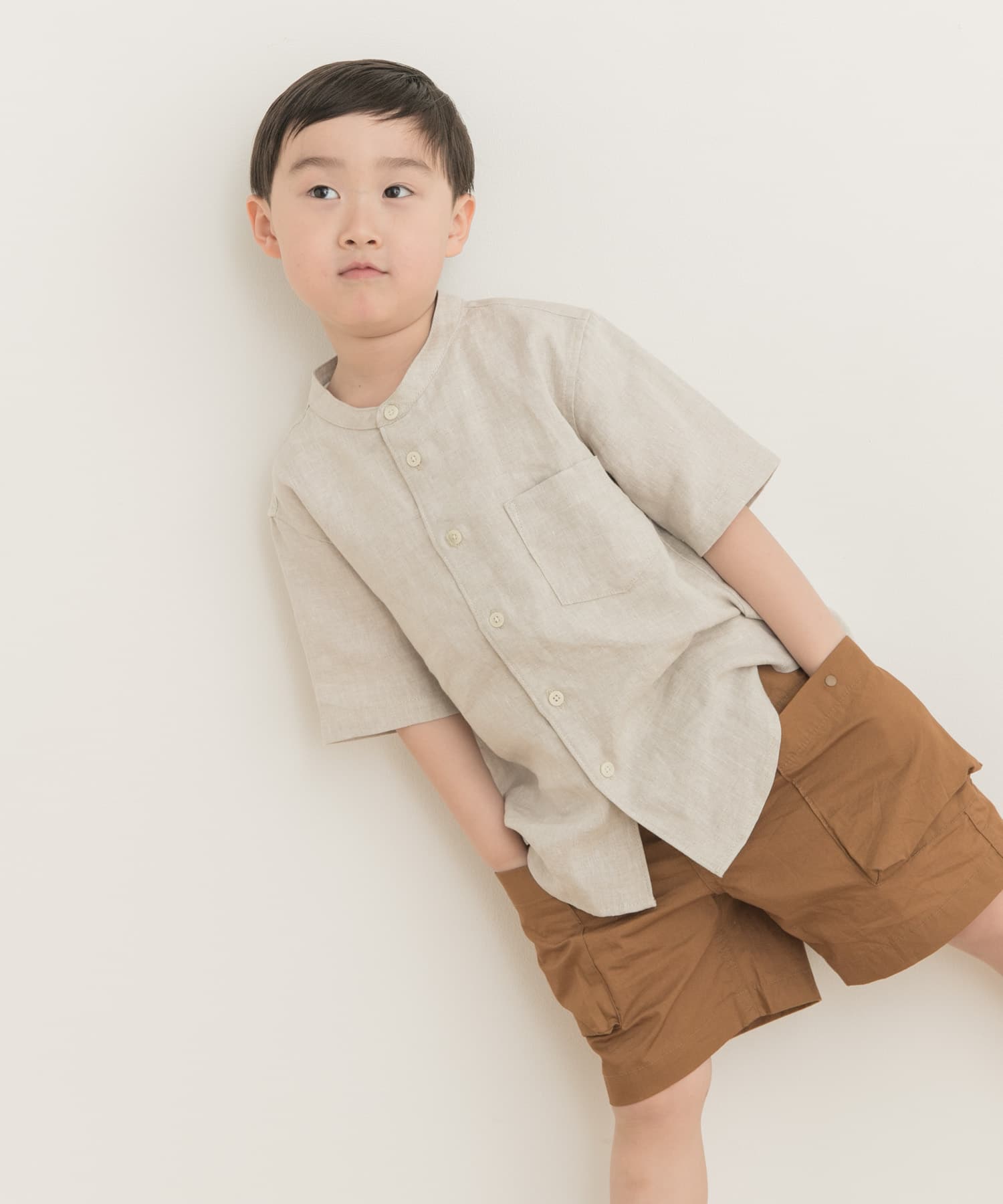 【正規品】 親子リンク』シルケットリネンバンドカラーシャツ(KIDS)[DR45 トップス