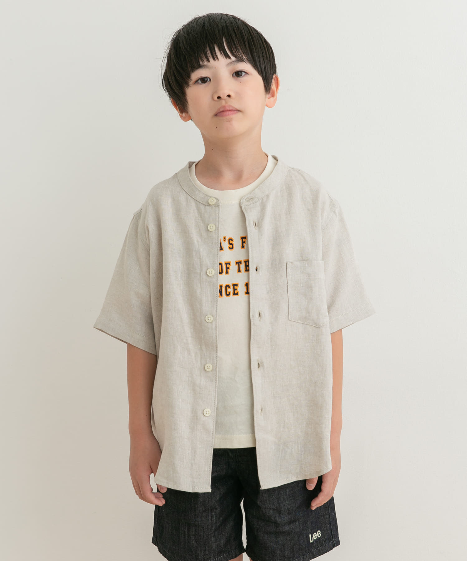 激安超特価 最大80%オフ  親子リンク』シルケットリネンバンドカラーシャツ(KIDS)[DR45 トップス