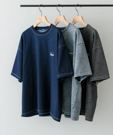 ワンポイント刺繍クルーネックデニムTシャツ