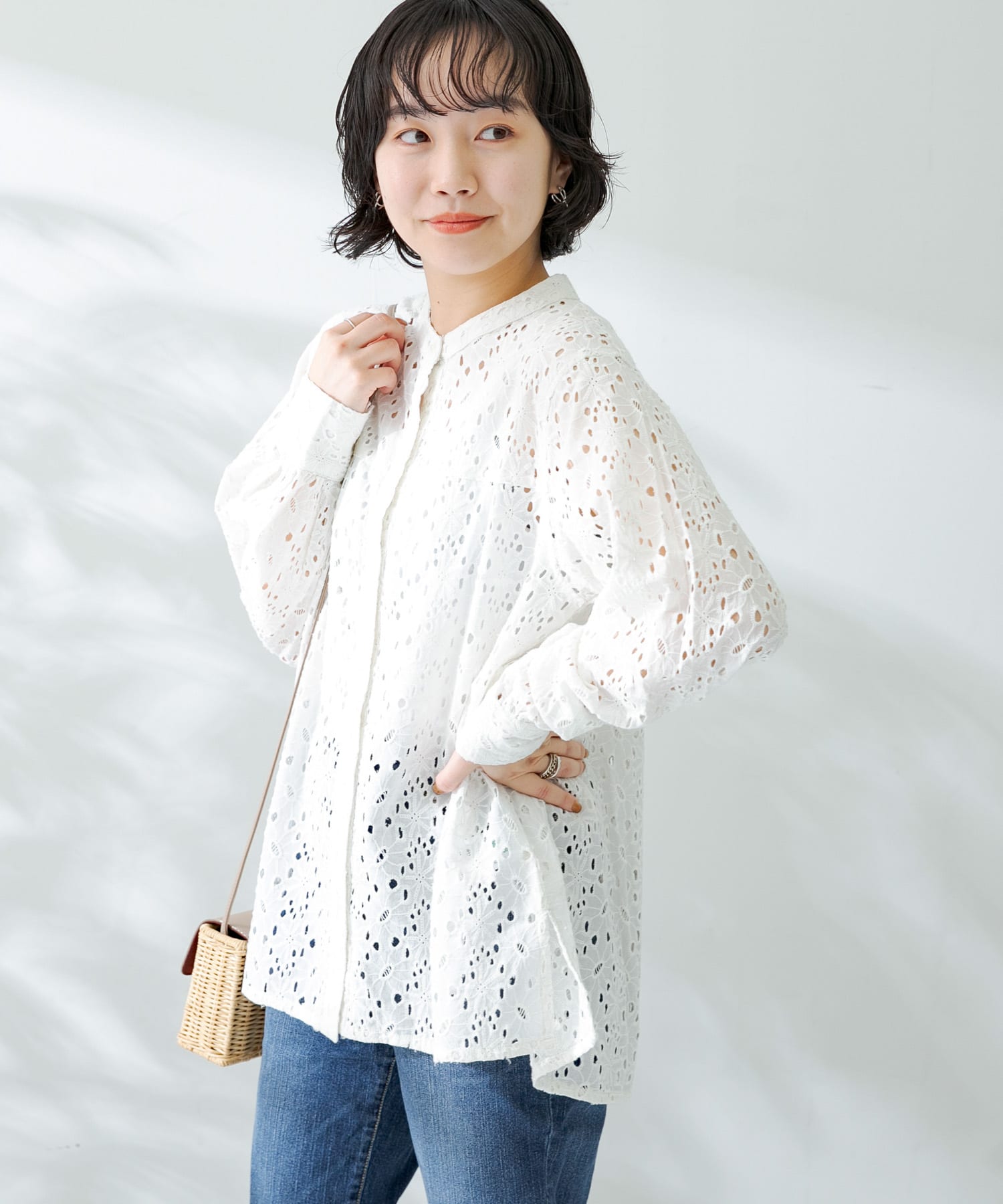 バンドカラーコットンレースシャツブラウス[LA34-23R604]｜URBAN 