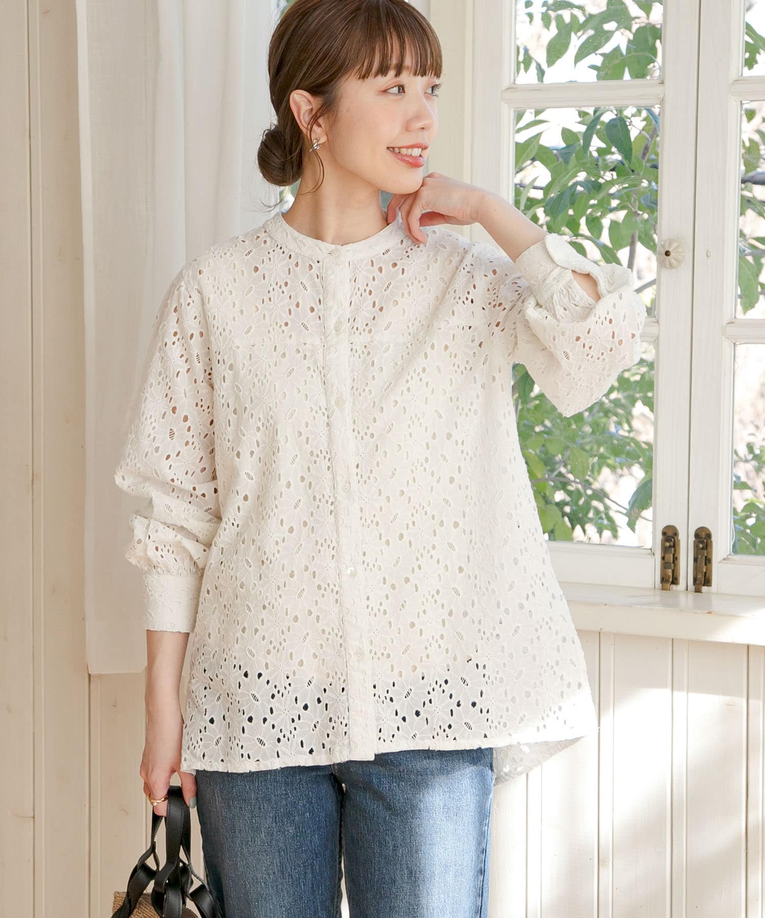 バンドカラーコットンレースシャツブラウス[LA34-23R604]｜URBAN 