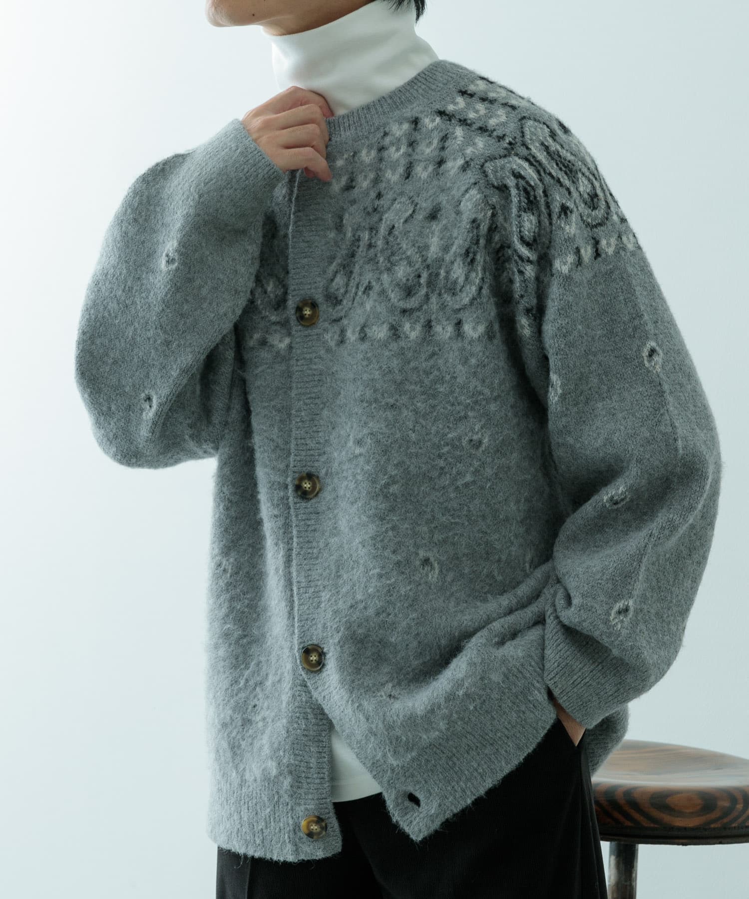 ペイズリージャガード クルーネックカーディガン[IT46-12C007 ペイズリージャガード クルーネックカーディガン[IT46-12C007